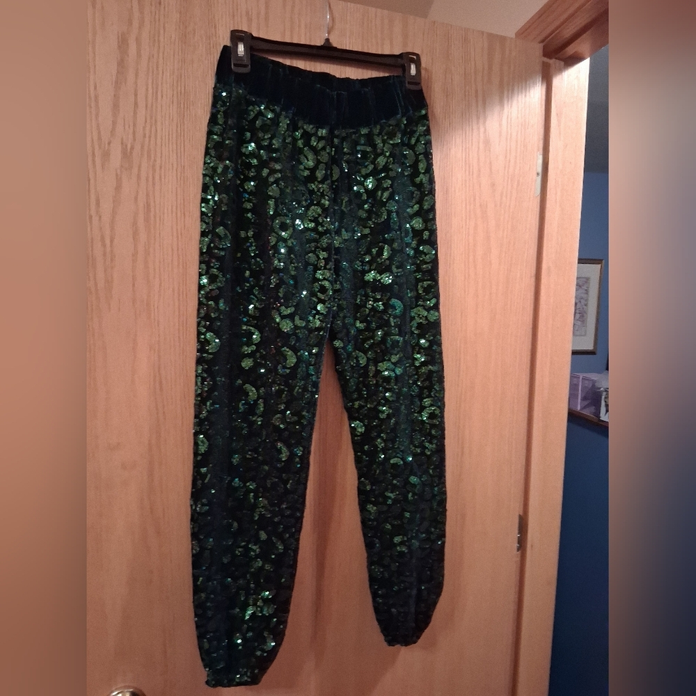 Emily Mccarthy Green Sequin Chetah Jogger Pant XS Pullon Elastic Waist
